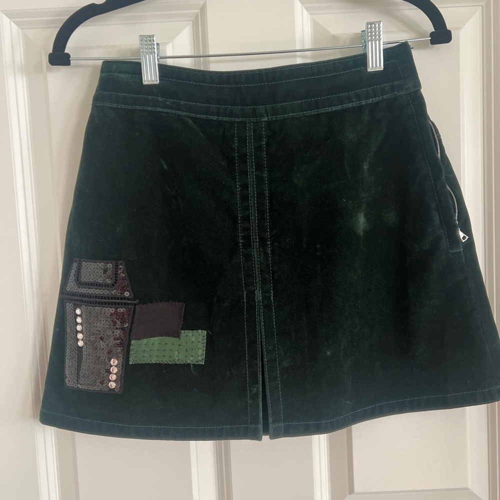 Marc Jacobs Dark Green Velvet A-Line Skirt with Patchwork Detail